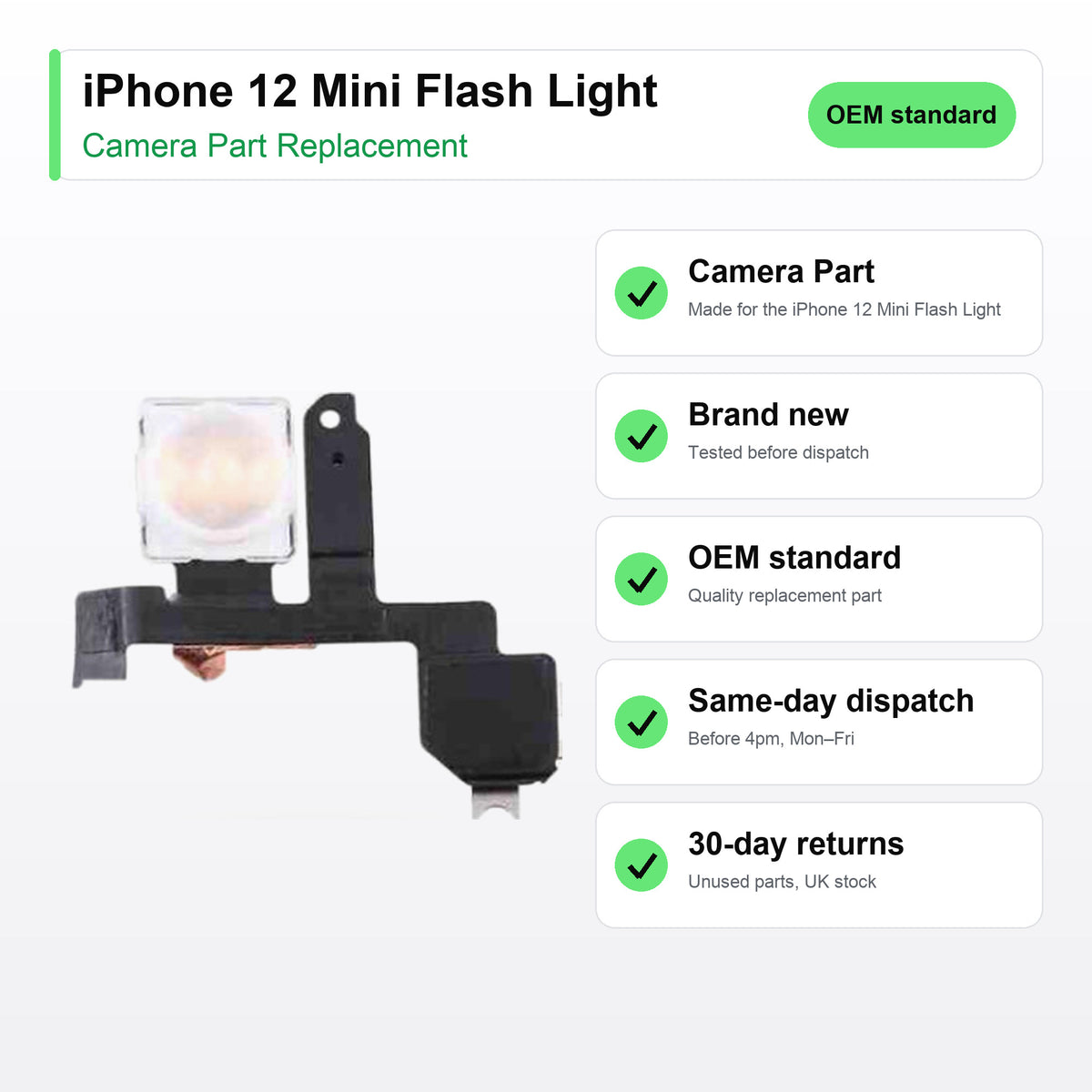 iPhone 12 Mini Flash Light camera lens key facts: brand new, tested, same-day UK dispatch
