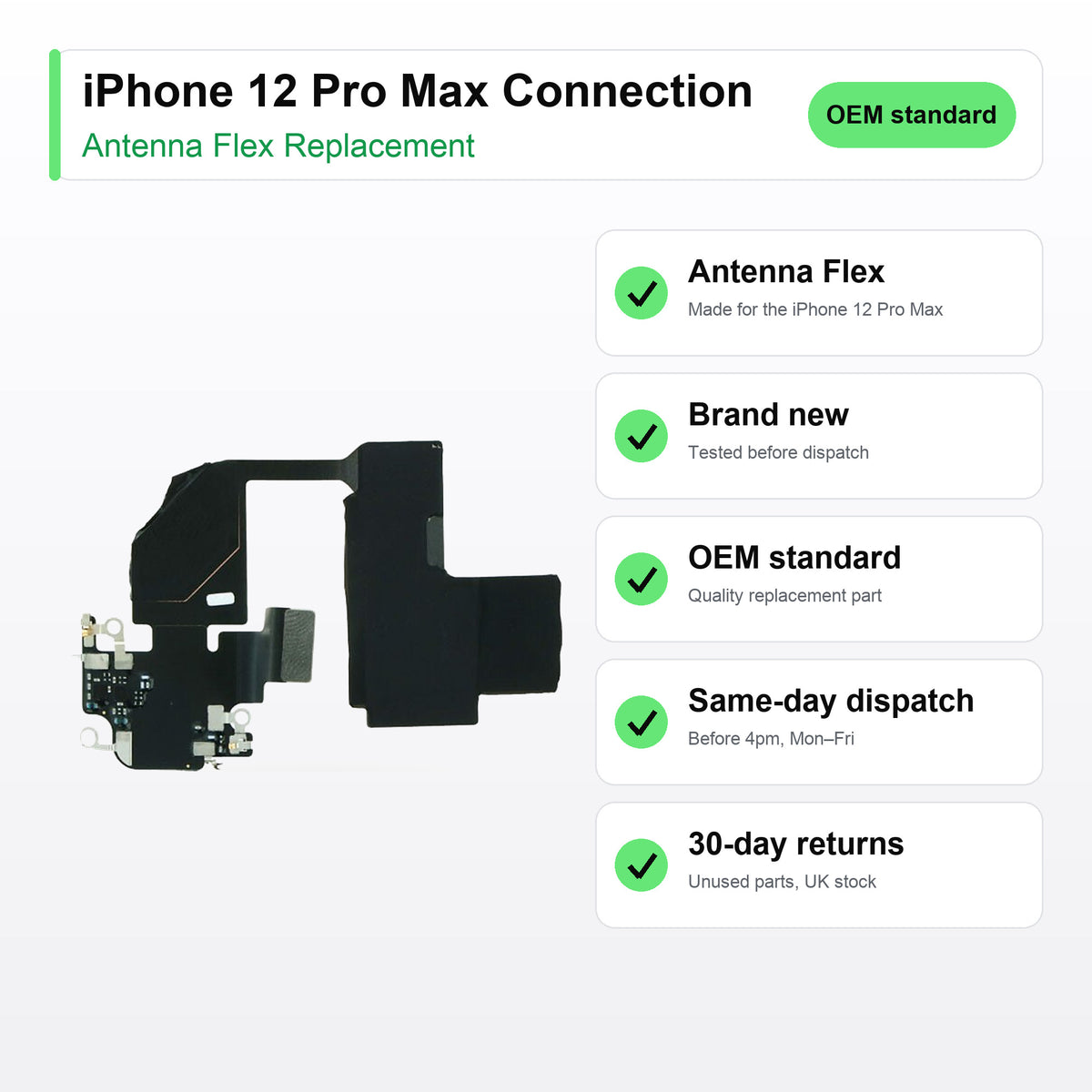 iPhone 12 Pro Max Connection antenna flex key facts: brand new, tested, same-day UK dispatch