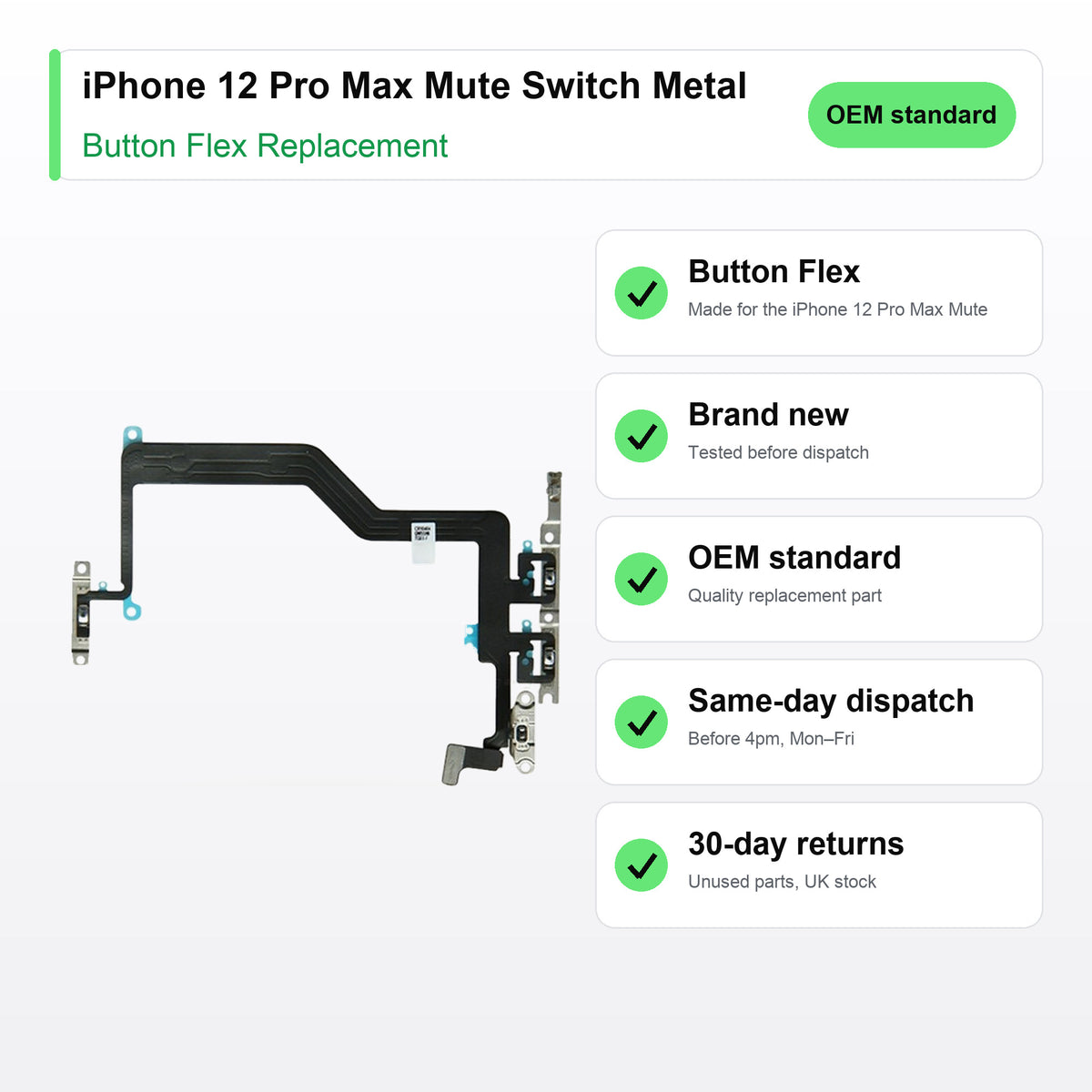 iPhone 12 Pro Max Mute Switch Metal Brackets button flex key facts: brand new, tested, same-day UK dispatch