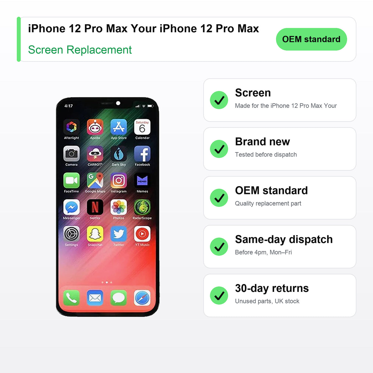 iPhone 12 Pro Max Your iPhone 12 Pro Max screen key facts: brand new, tested, same-day UK dispatch