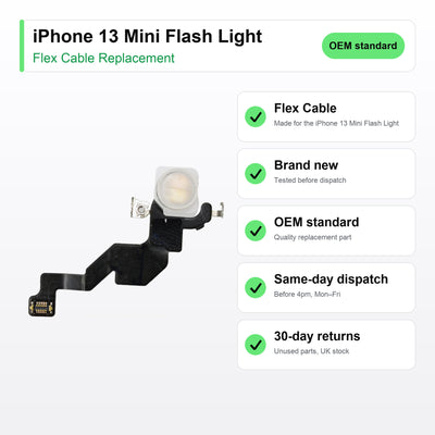 iPhone 13 Mini Flash Light flex cable key facts: brand new, tested, same-day UK dispatch