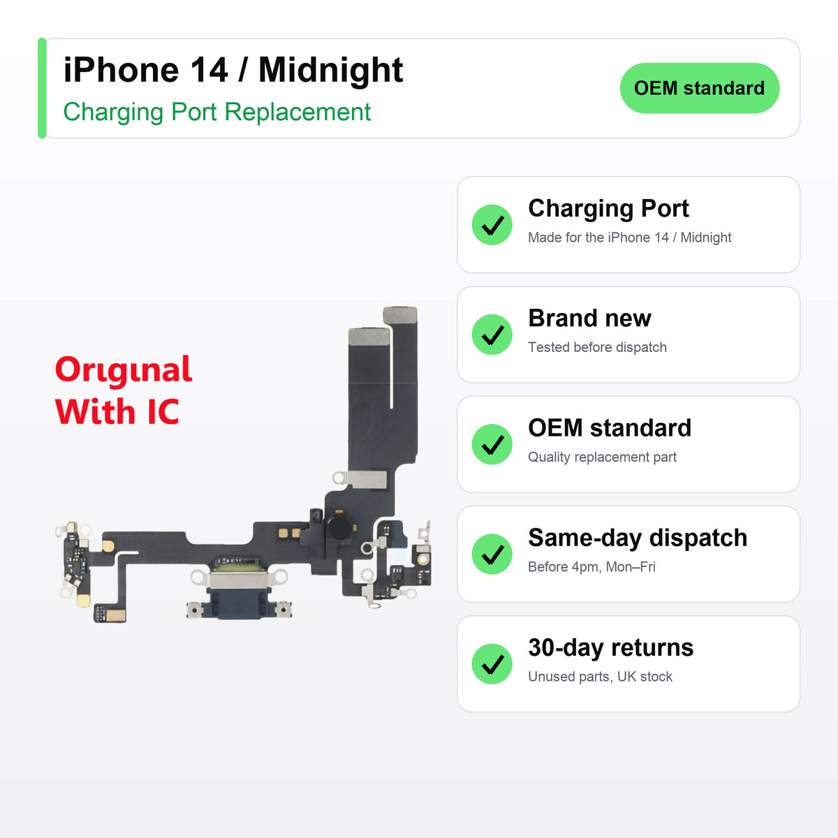 iPhone 14 / Midnight charging port key facts: brand new, tested, same-day UK dispatch