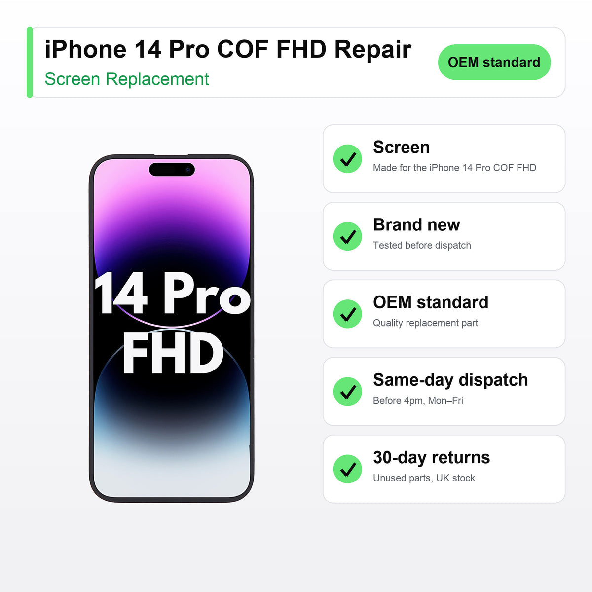 iPhone 14 Pro COF FHD Repair screen key facts: brand new, tested, same-day UK dispatch