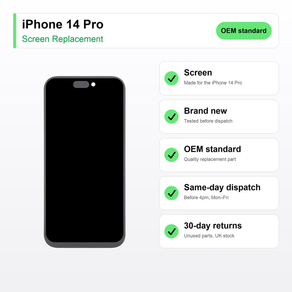 iPhone 14 Pro screen key facts: brand new, tested, same-day UK dispatch