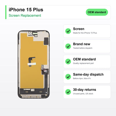 iPhone 15 Plus screen key facts: brand new, tested, same-day UK dispatch