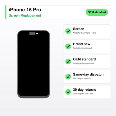iPhone 15 Pro screen key facts: brand new, tested, same-day UK dispatch