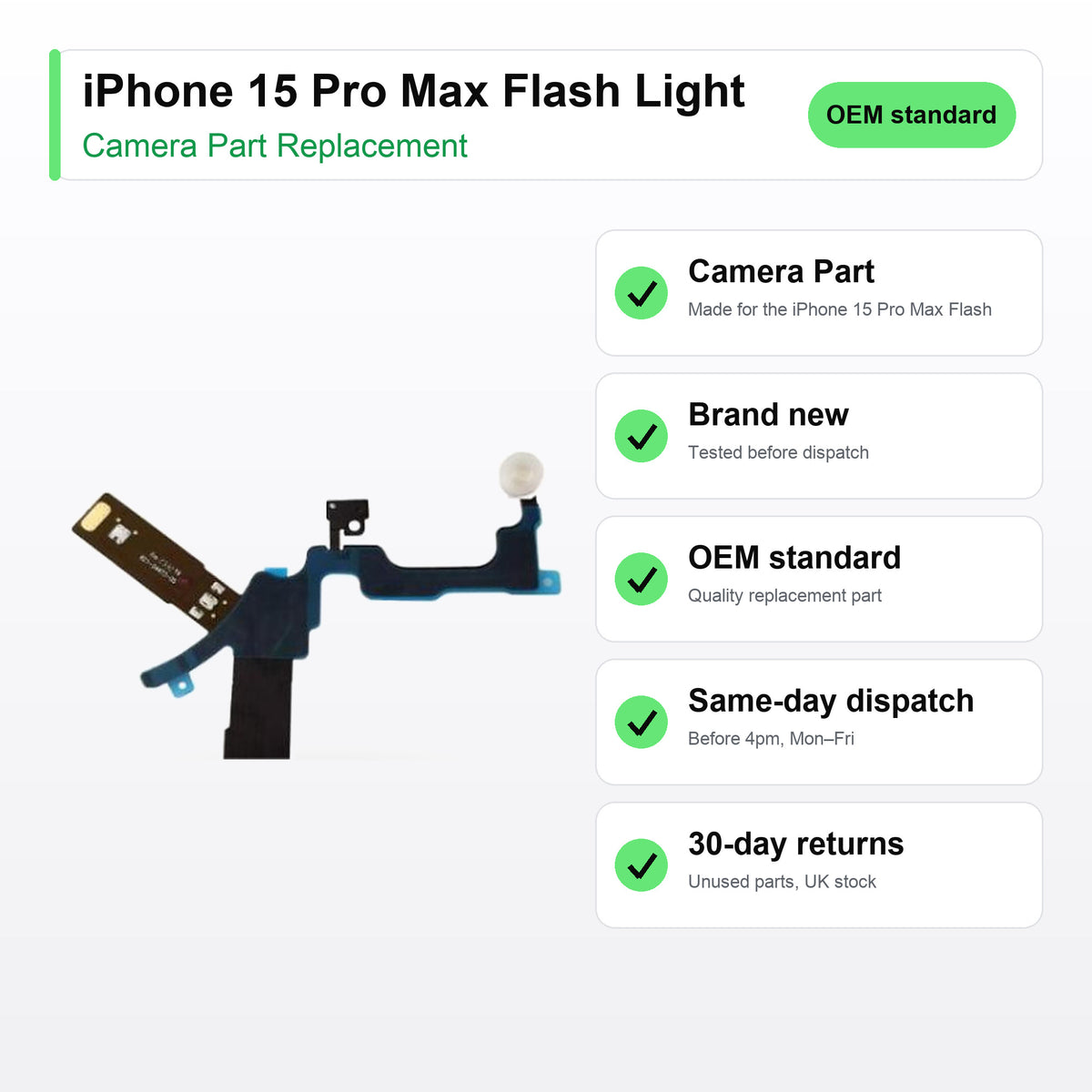 iPhone 15 Pro Max Flash Light camera lens key facts: brand new, tested, same-day UK dispatch