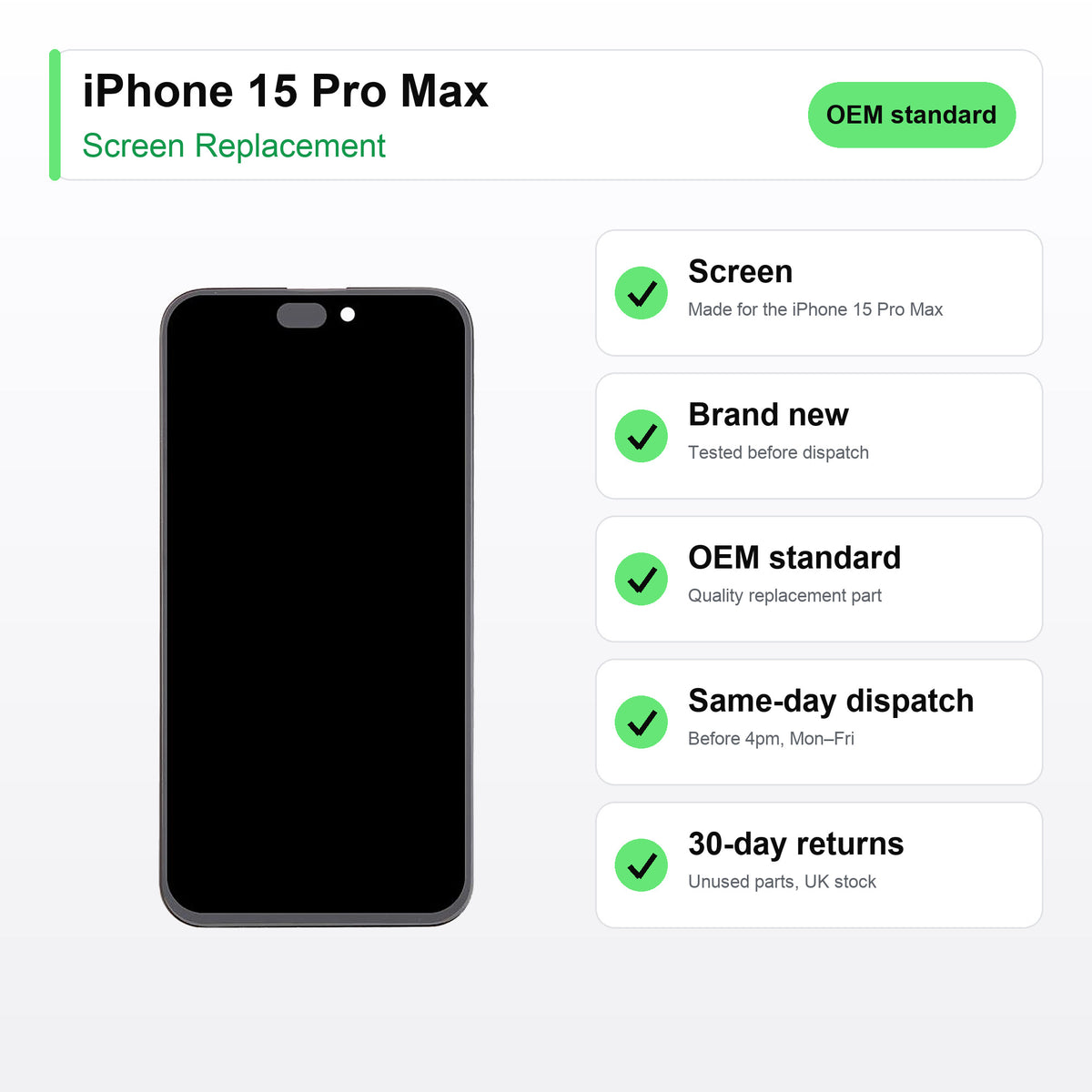 iPhone 15 Pro Max screen key facts: brand new, tested, same-day UK dispatch