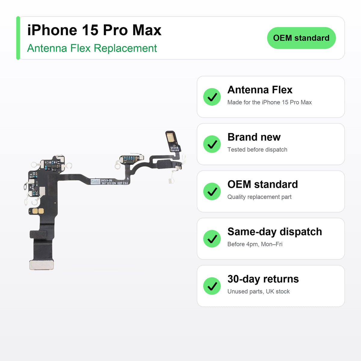 iPhone 15 Pro Max antenna flex key facts: brand new, tested, same-day UK dispatch