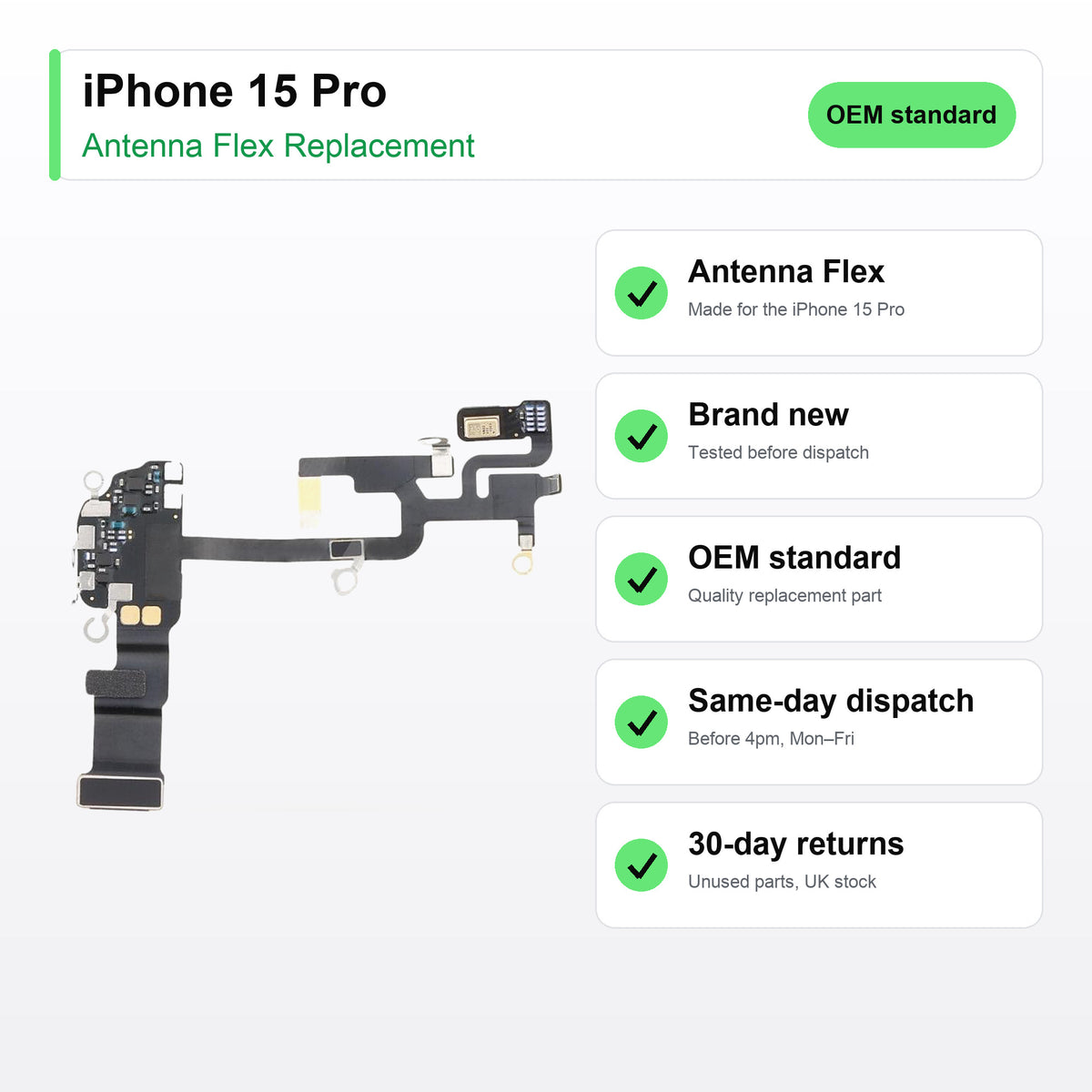 iPhone 15 Pro antenna flex key facts: brand new, tested, same-day UK dispatch
