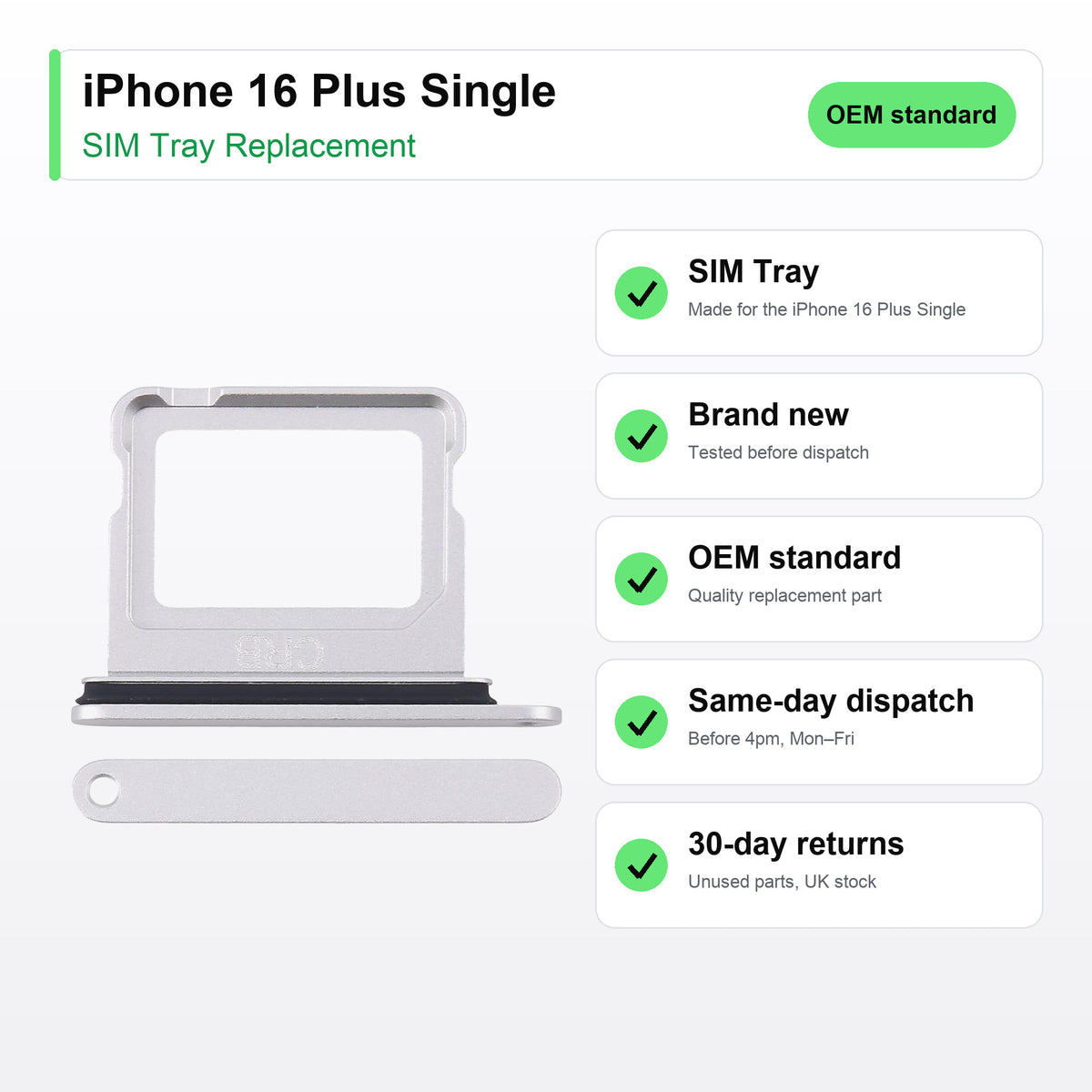 iPhone 16 Plus Single SIM tray key facts: brand new, tested, same-day UK dispatch
