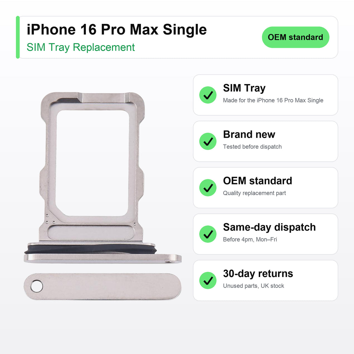 iPhone 16 Pro Max Single SIM tray key facts: brand new, tested, same-day UK dispatch