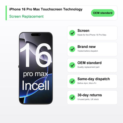 iPhone 16 Pro Max Touchscreen Technology screen key facts: brand new, tested, same-day UK dispatch