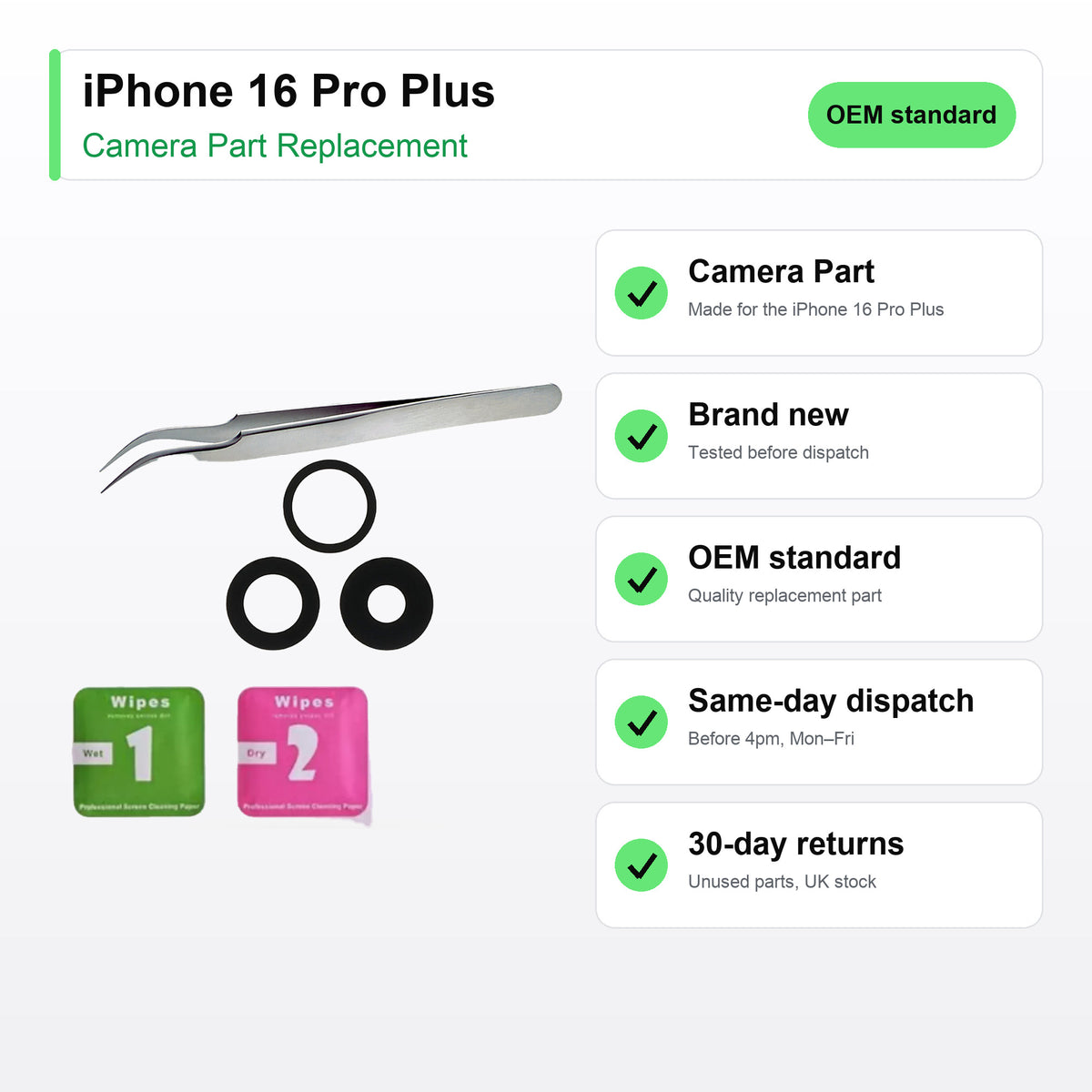 iPhone 16 Pro Plus camera lens key facts: brand new, tested, same-day UK dispatch