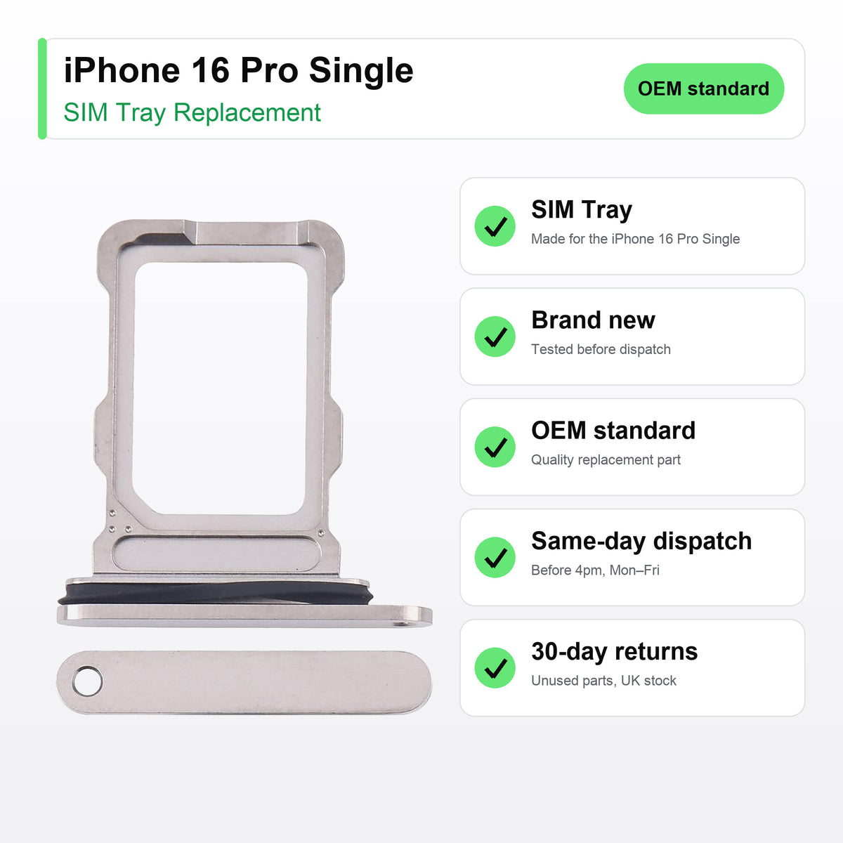 iPhone 16 Pro Single SIM tray key facts: brand new, tested, same-day UK dispatch