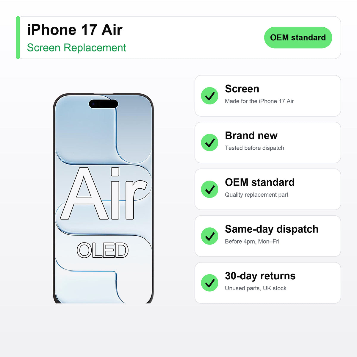 iPhone 17 Air screen key facts: brand new, tested, same-day UK dispatch