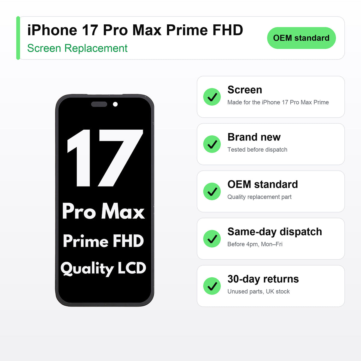 iPhone 17 Pro Max Prime FHD screen key facts: brand new, tested, same-day UK dispatch