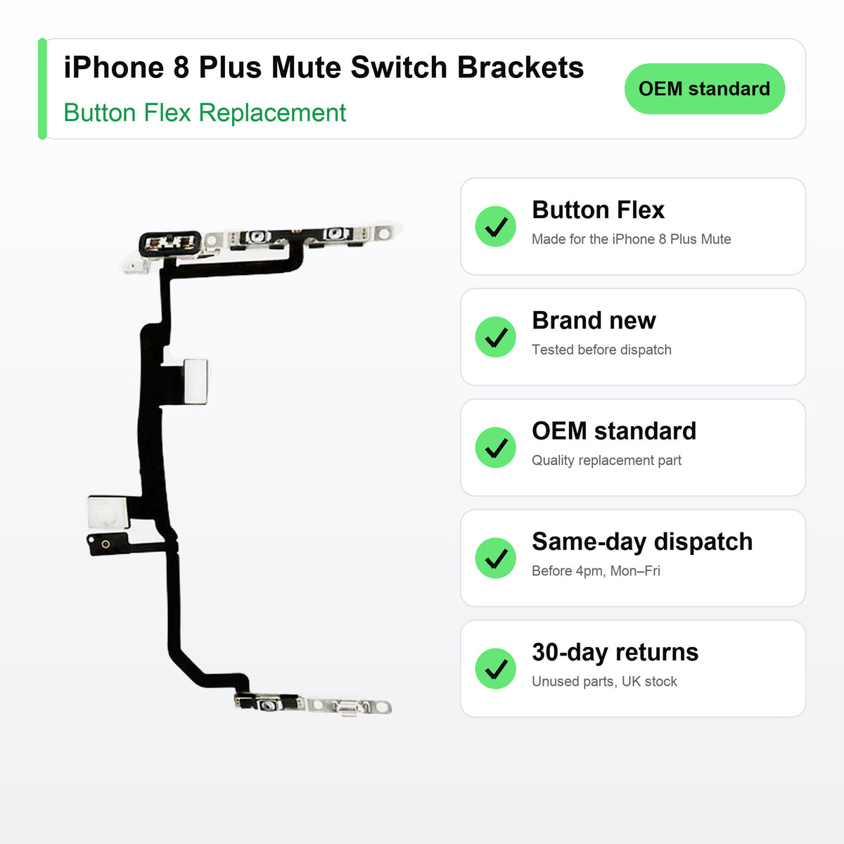iPhone 8 Plus Mute Switch Brackets button flex key facts: brand new, tested, same-day UK dispatch