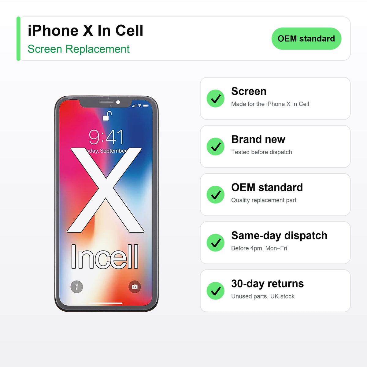 iPhone X In Cell screen key facts: brand new, tested, same-day UK dispatch