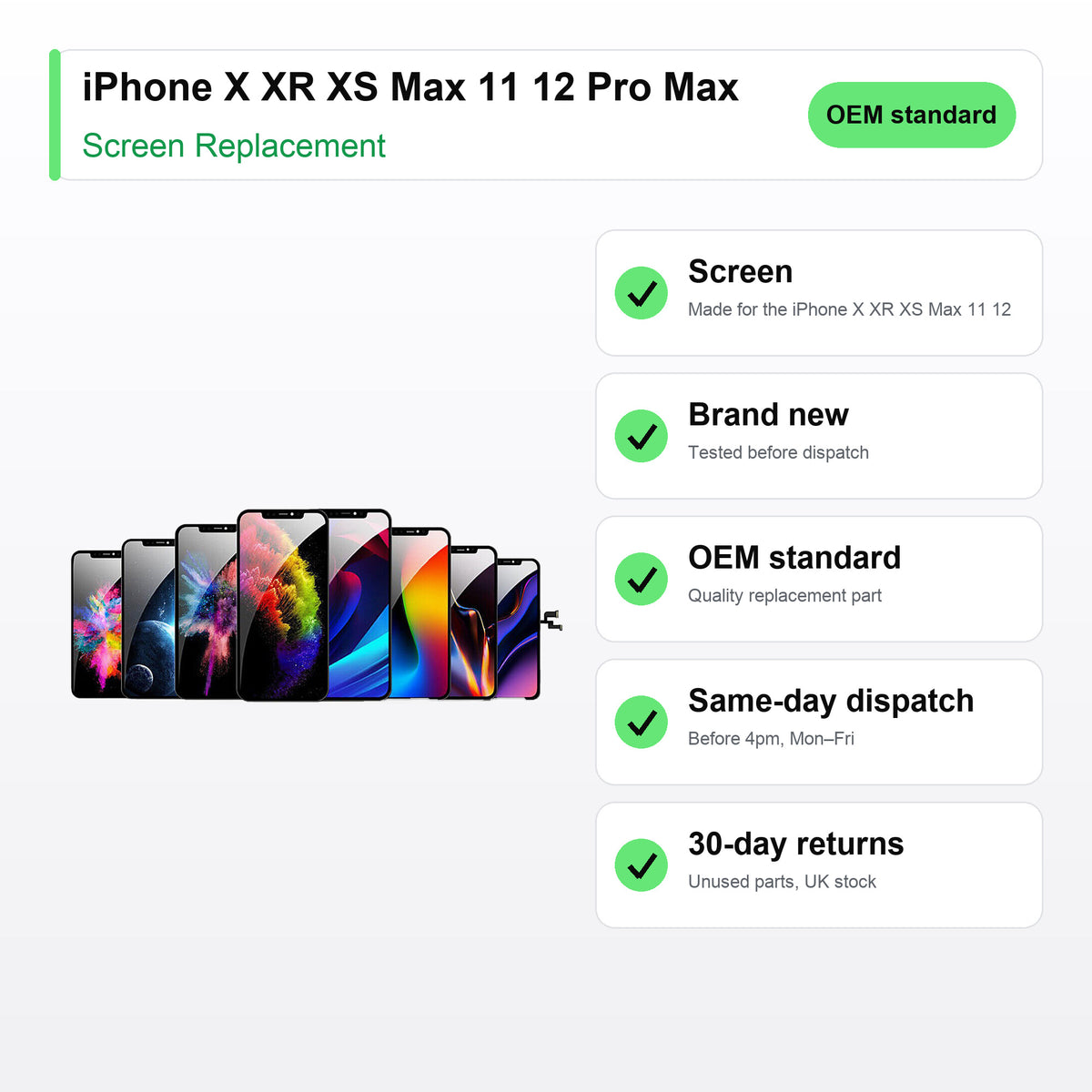 iPhone X XR XS Max 11 12 Pro Max screen key facts: brand new, tested, same-day UK dispatch