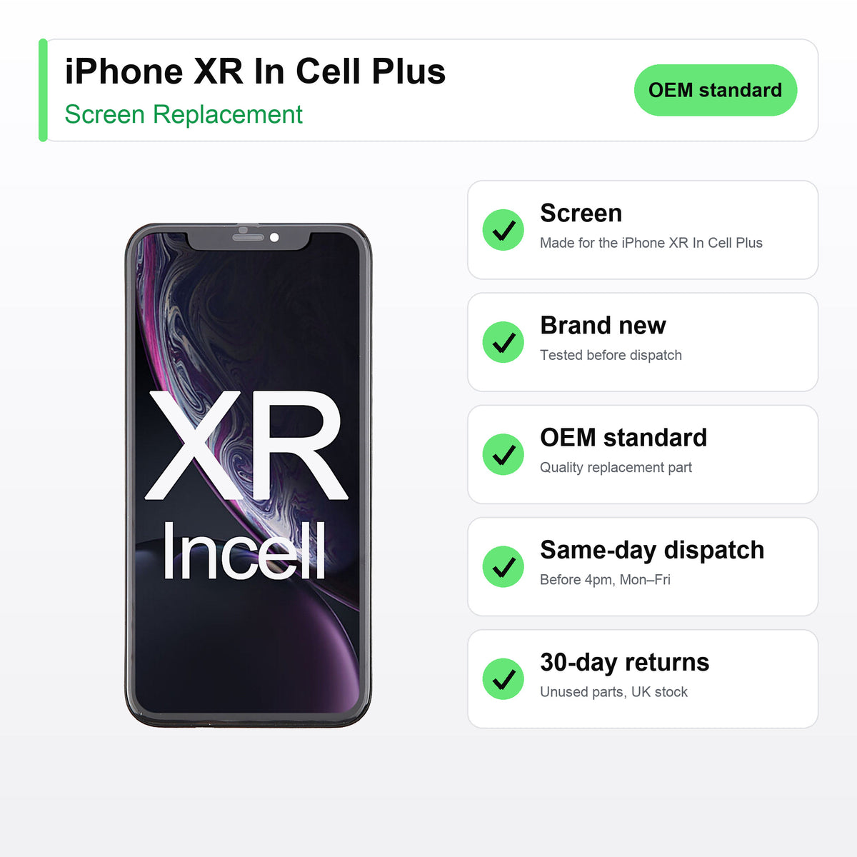 iPhone XR In Cell Plus screen key facts: brand new, tested, same-day UK dispatch