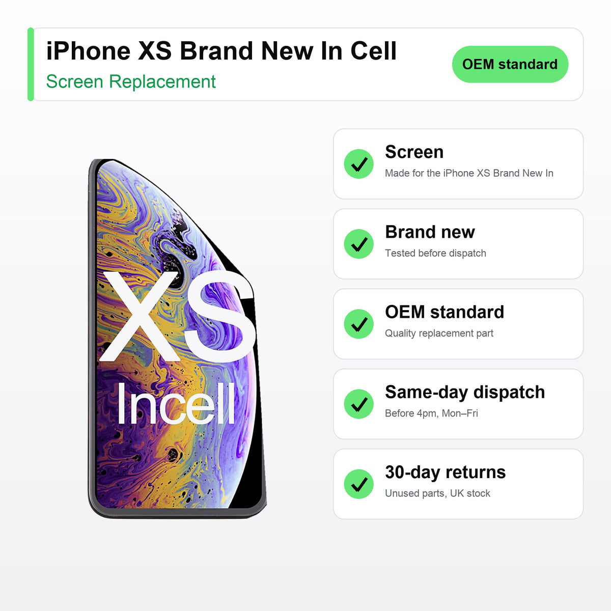 iPhone XS Brand New In Cell screen key facts: brand new, tested, same-day UK dispatch