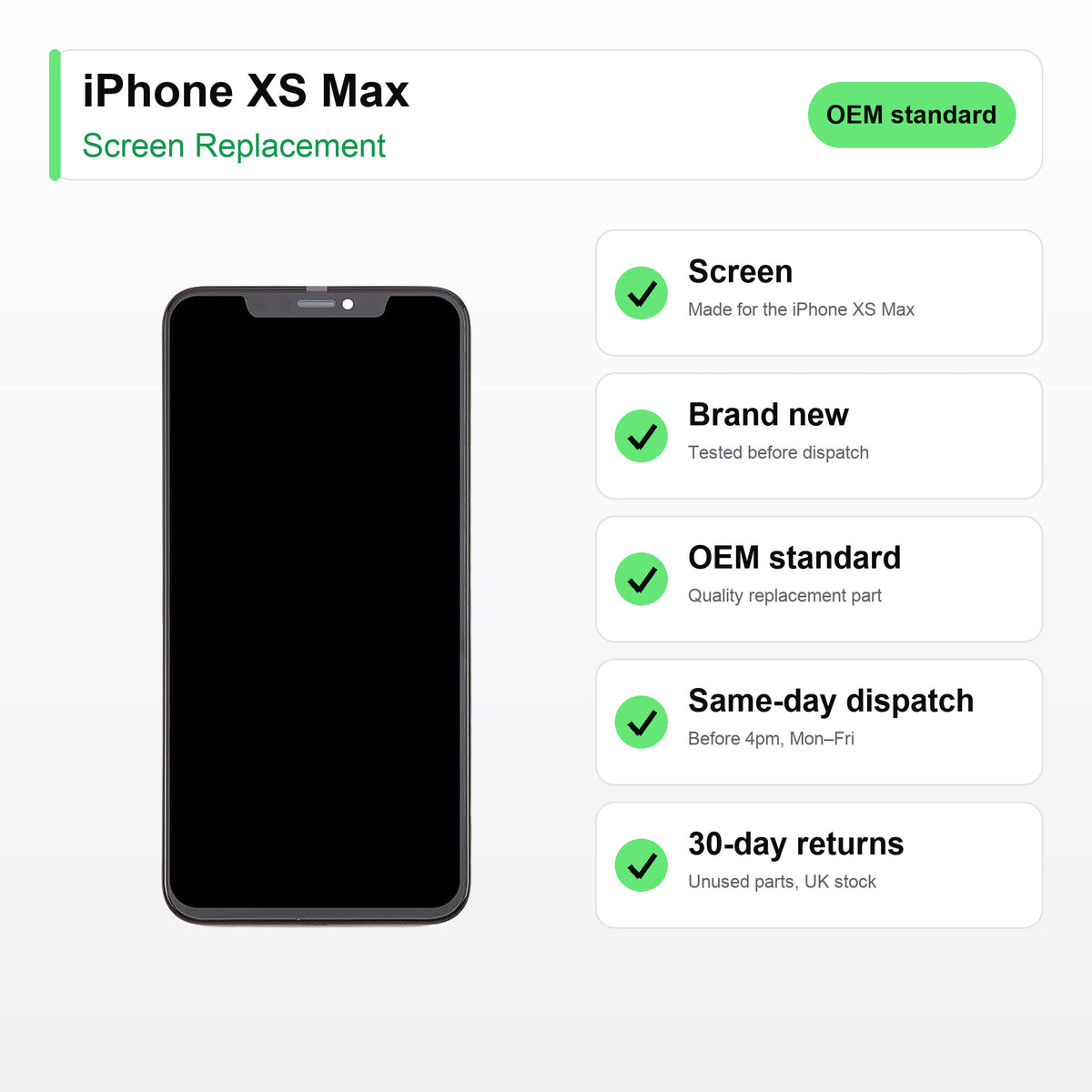 iPhone XS Max screen key facts: brand new, tested, same-day UK dispatch