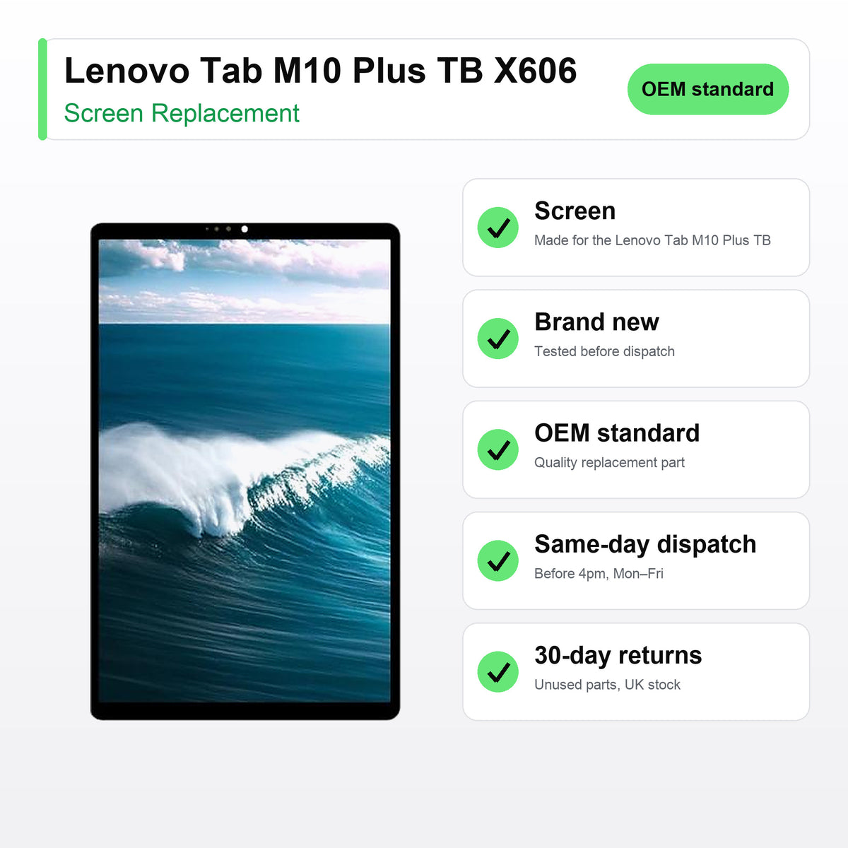 Lenovo Tab M10 Plus TB X606 screen key facts: brand new, tested, same-day UK dispatch