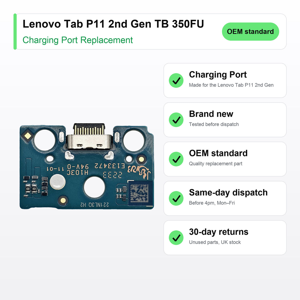 Lenovo Tab P11 2nd Gen TB 350FU charging port key facts: brand new, tested, same-day UK dispatch