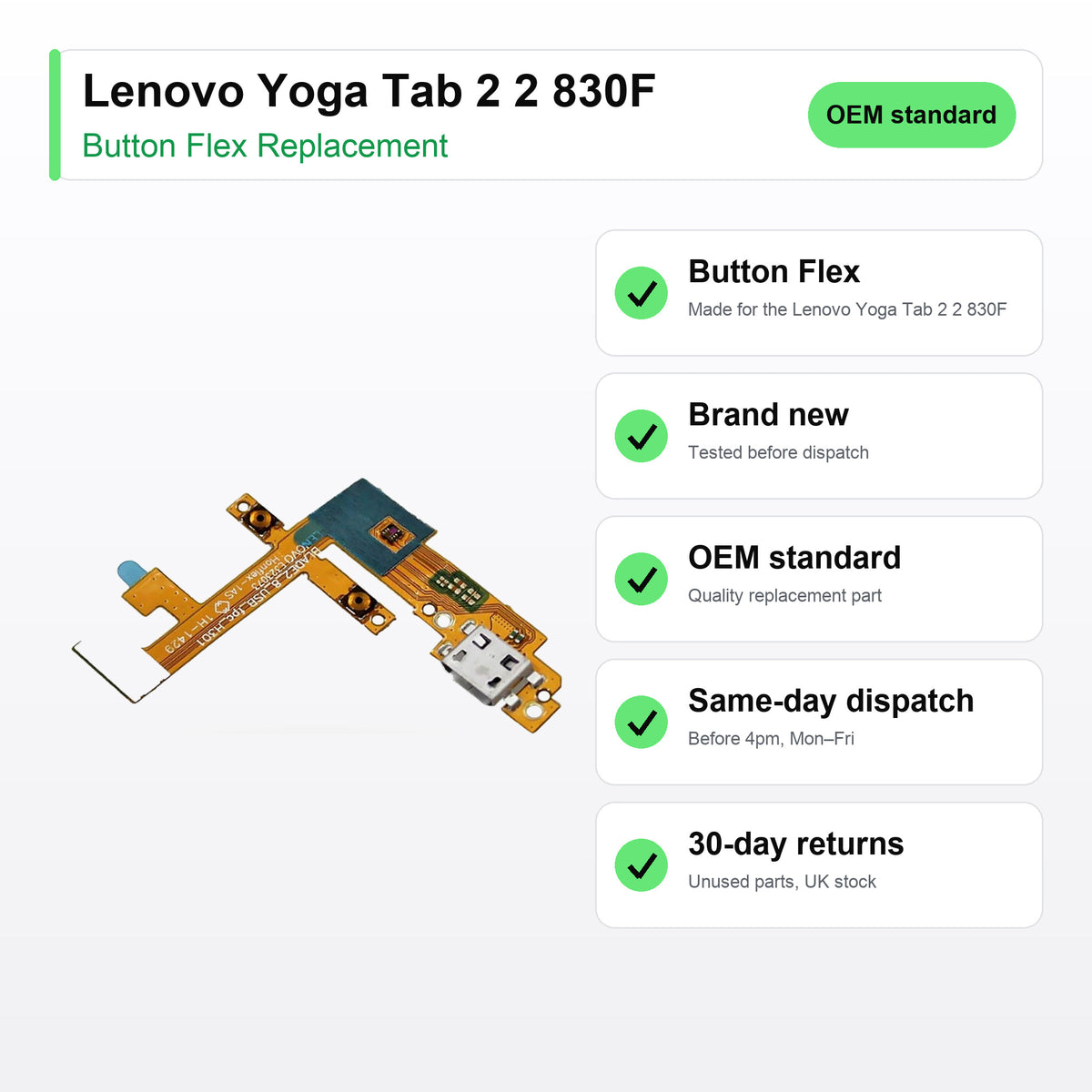 Lenovo Yoga Tab 2 2 830F button flex key facts: brand new, tested, same-day UK dispatch