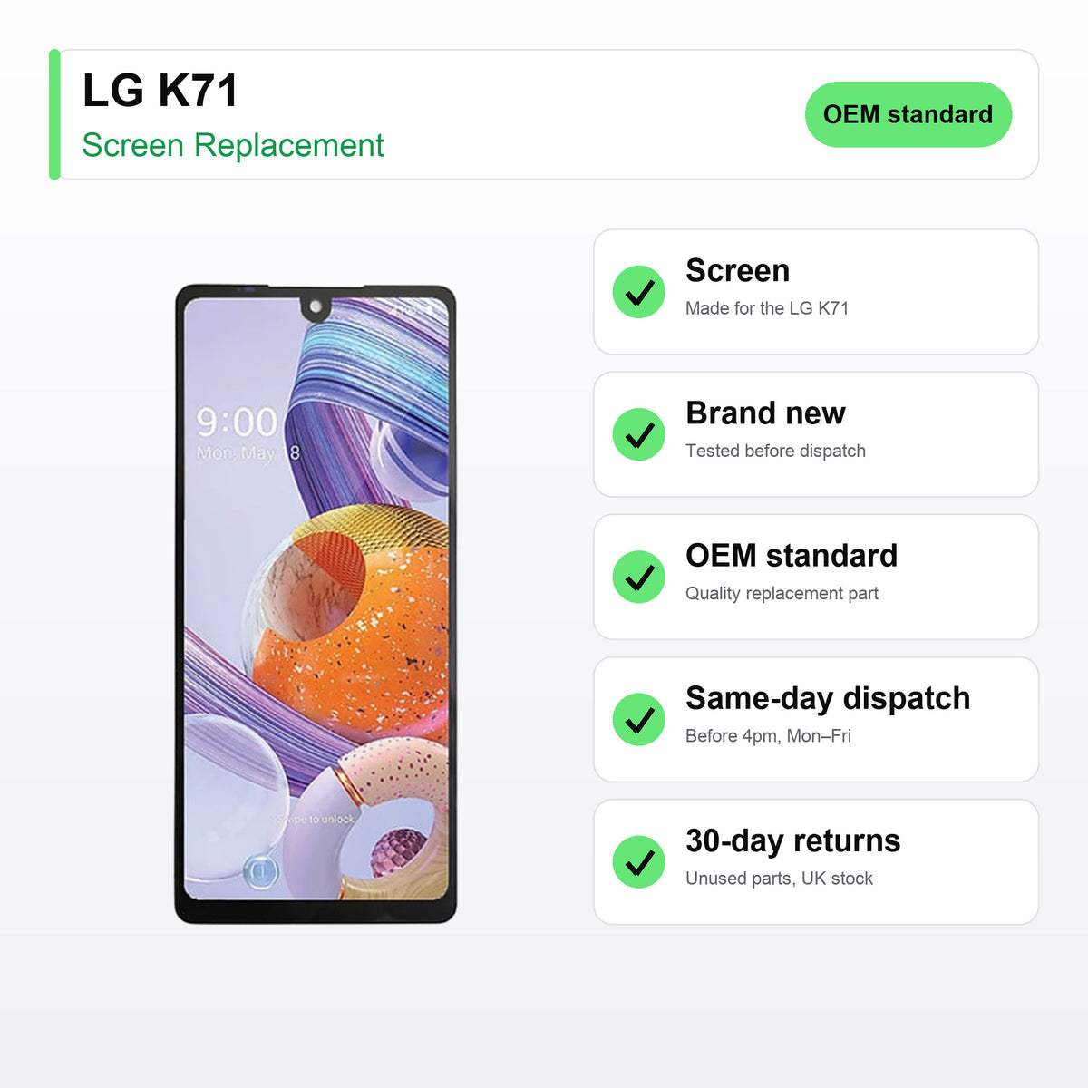 LG K71 screen key facts: brand new, tested, same-day UK dispatch