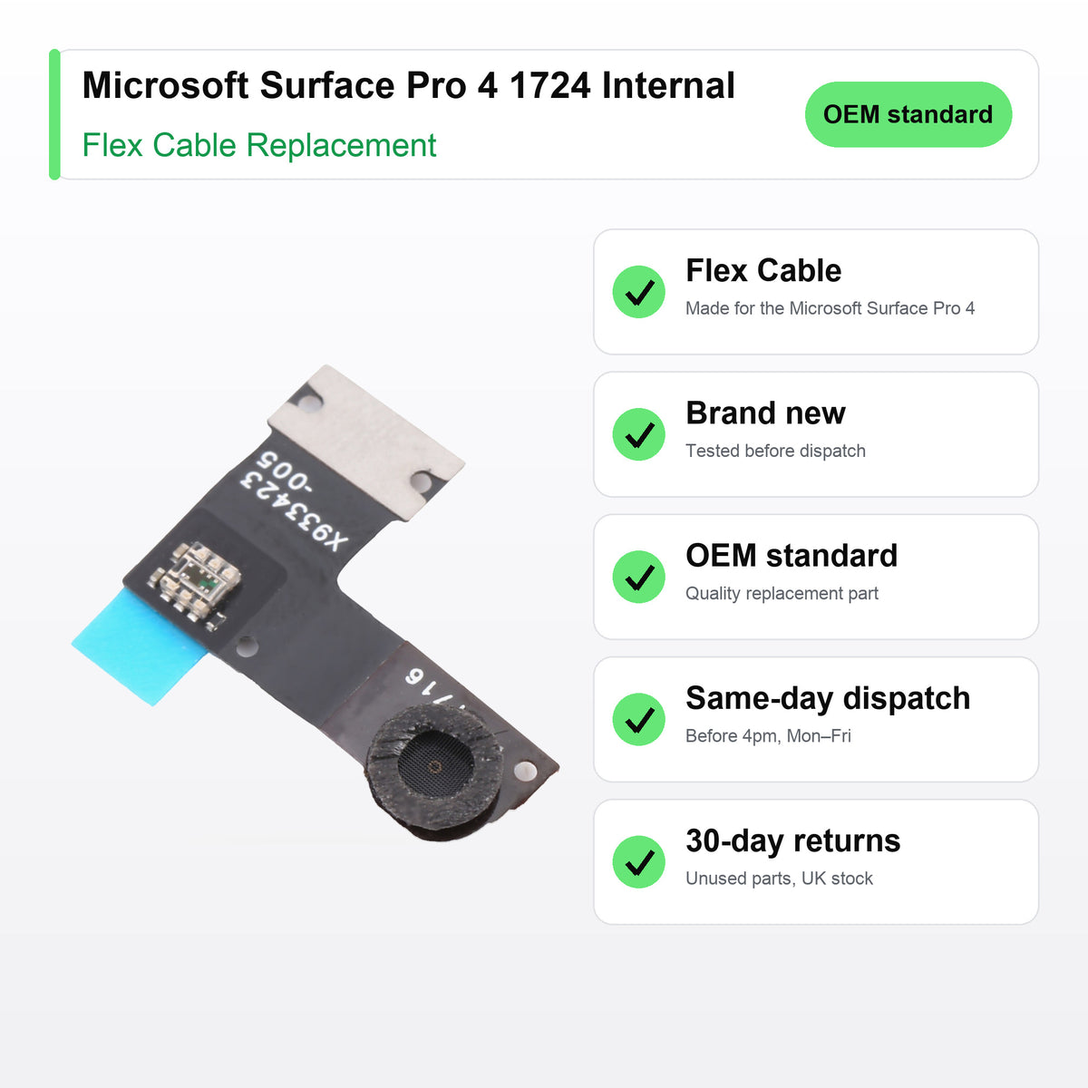 Microsoft Surface Pro 4 1724 Internal Front flex cable key facts: brand new, tested, same-day UK dispatch