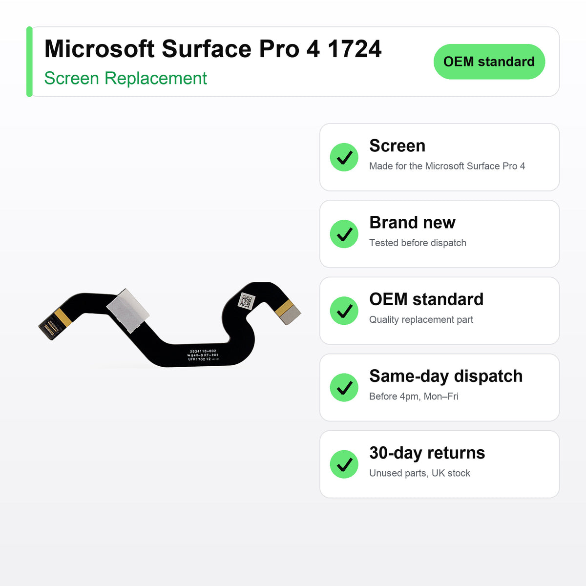 Microsoft Surface Pro 4 1724 screen key facts: brand new, tested, same-day UK dispatch