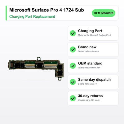Microsoft Surface Pro 4 1724 Sub charging port key facts: brand new, tested, same-day UK dispatch