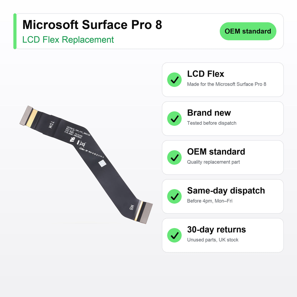 Microsoft Surface Pro 8 LCD flex cable key facts: brand new, tested, same-day UK dispatch