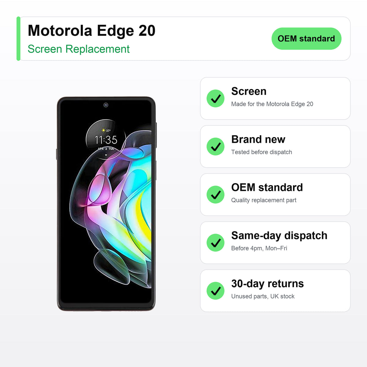 Motorola Edge 20 screen key facts: brand new, tested, same-day UK dispatch