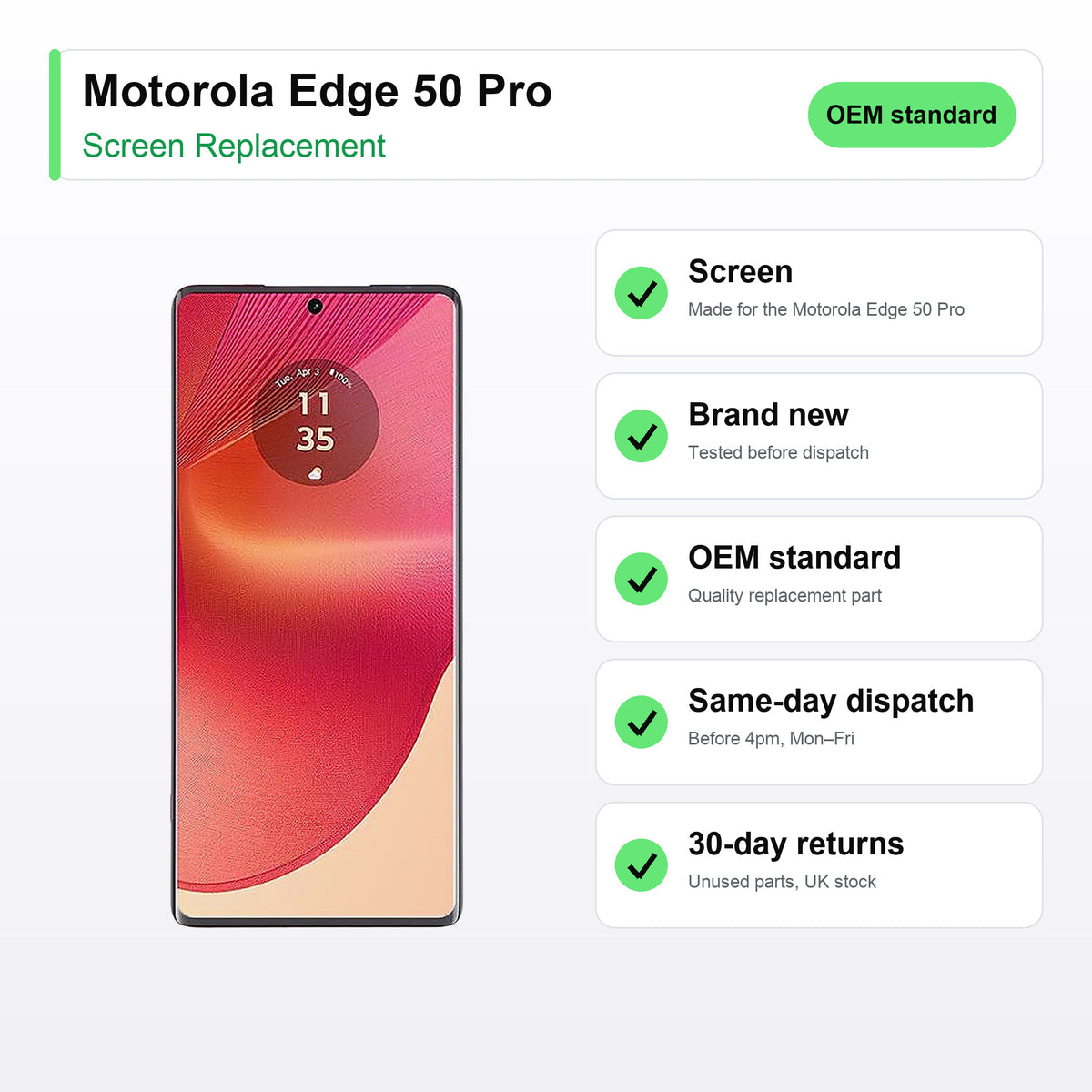 Motorola Edge 50 Pro screen key facts: brand new, tested, same-day UK dispatch