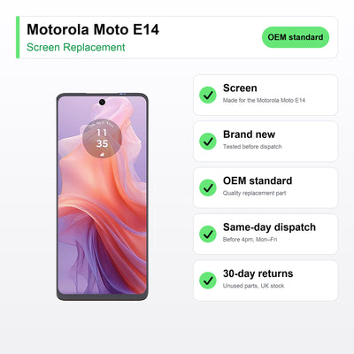 Motorola Moto E14 screen key facts: brand new, tested, same-day UK dispatch