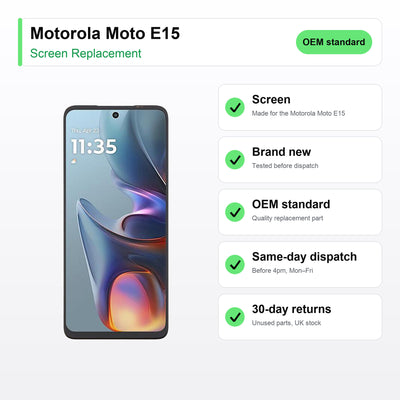 Motorola Moto E15 screen key facts: brand new, tested, same-day UK dispatch
