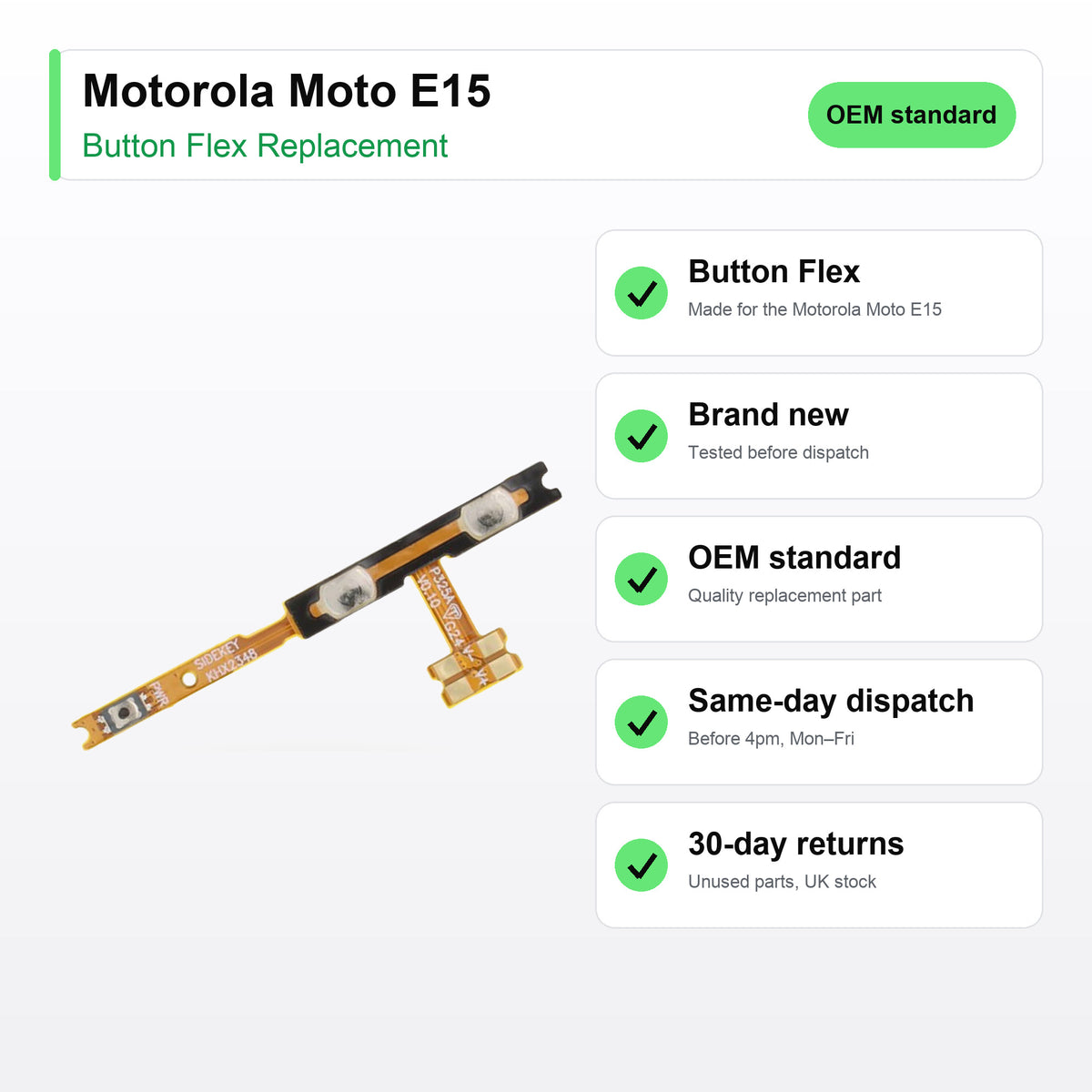 Motorola Moto E15 button flex key facts: brand new, tested, same-day UK dispatch