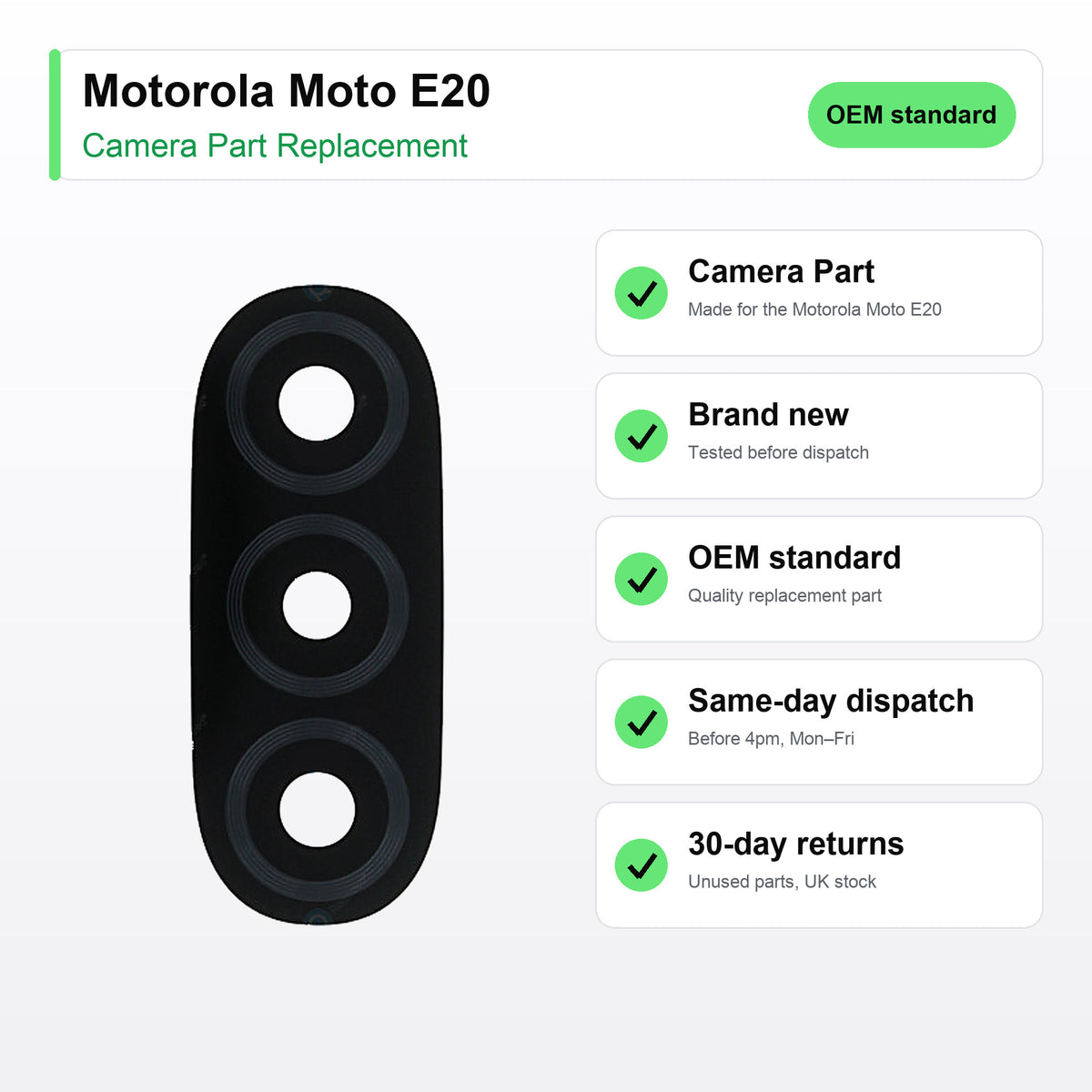 Motorola Moto E20 camera lens key facts: brand new, tested, same-day UK dispatch