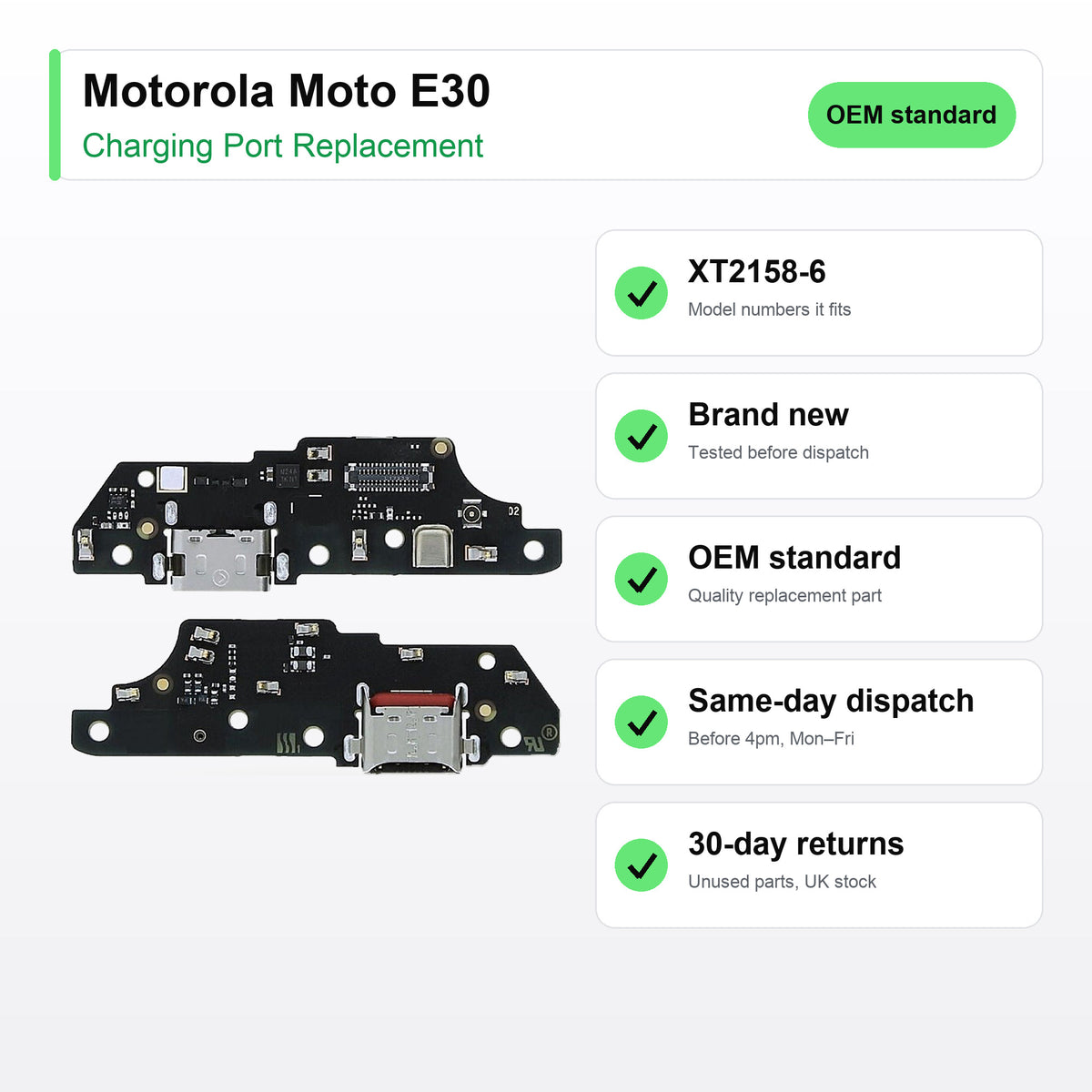 Motorola Moto E30 charging port key facts: brand new, tested, same-day UK dispatch