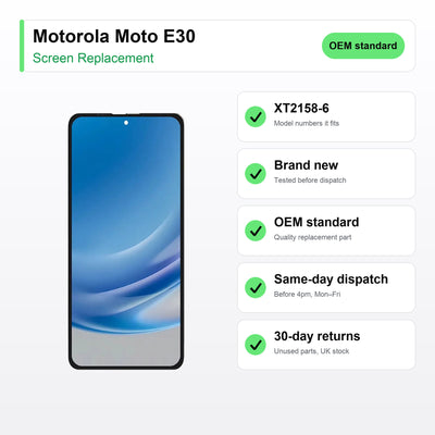 Motorola Moto E30 screen key facts: brand new, tested, same-day UK dispatch