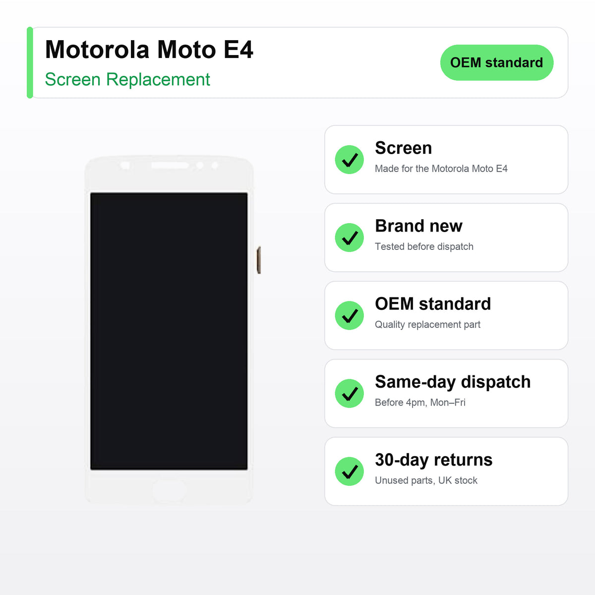 Motorola Moto E4 screen key facts: brand new, tested, same-day UK dispatch