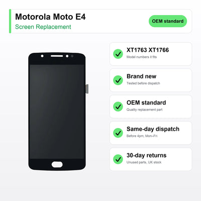 Motorola Moto E4 screen key facts: brand new, tested, same-day UK dispatch
