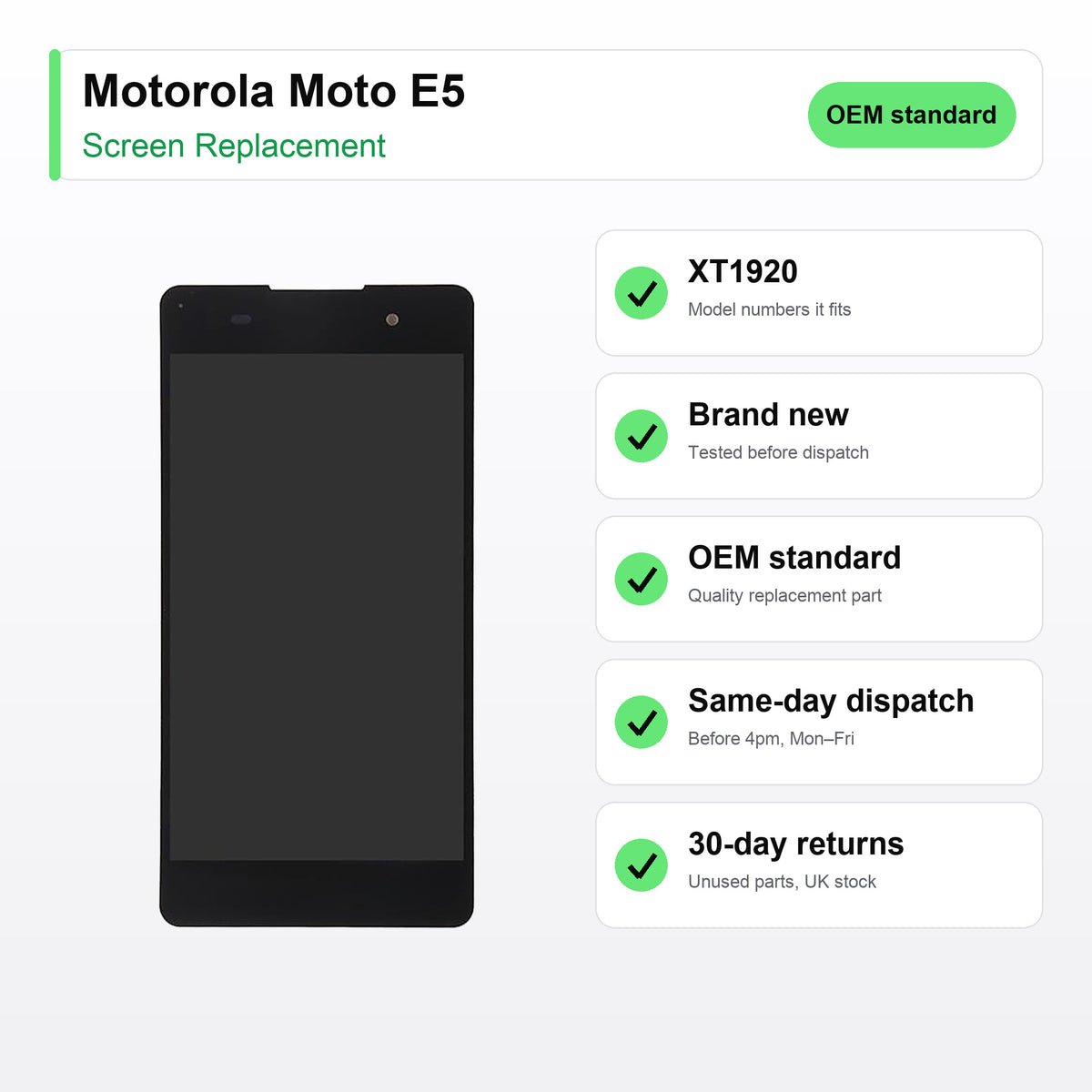 Motorola Moto E5 screen key facts: brand new, tested, same-day UK dispatch