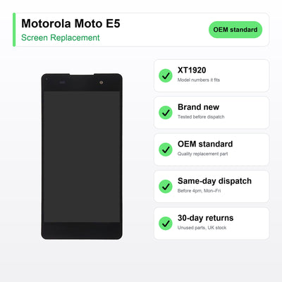Motorola Moto E5 screen key facts: brand new, tested, same-day UK dispatch