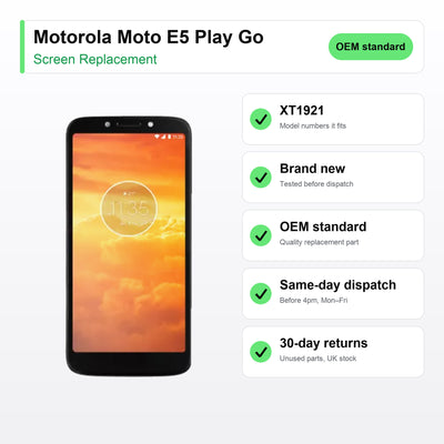 Motorola Moto E5 Play Go screen key facts: brand new, tested, same-day UK dispatch