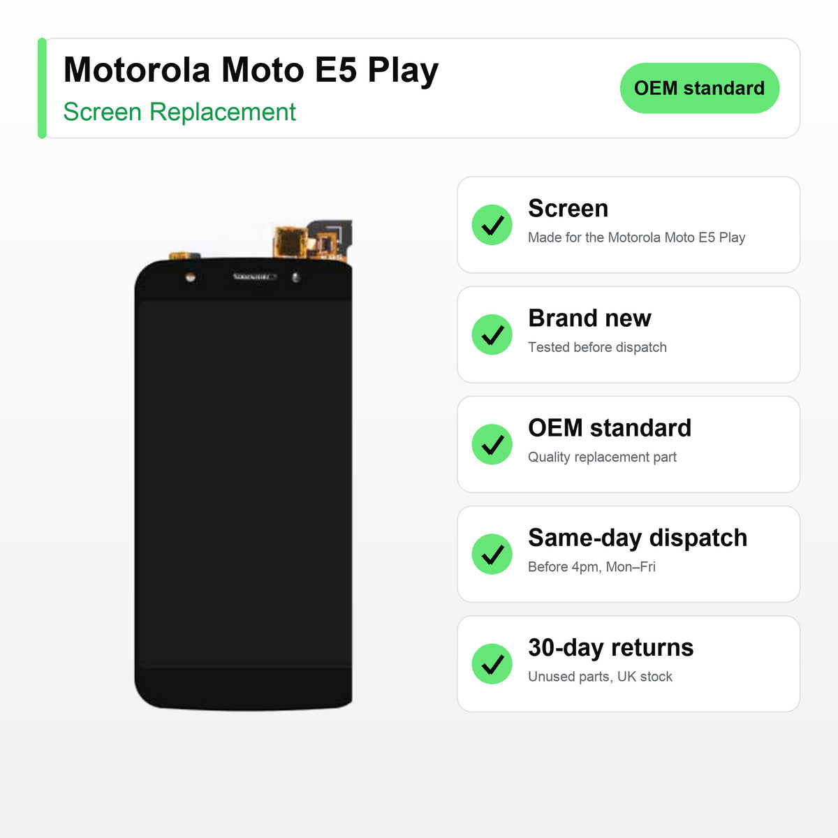 Motorola Moto E5 Play screen key facts: brand new, tested, same-day UK dispatch