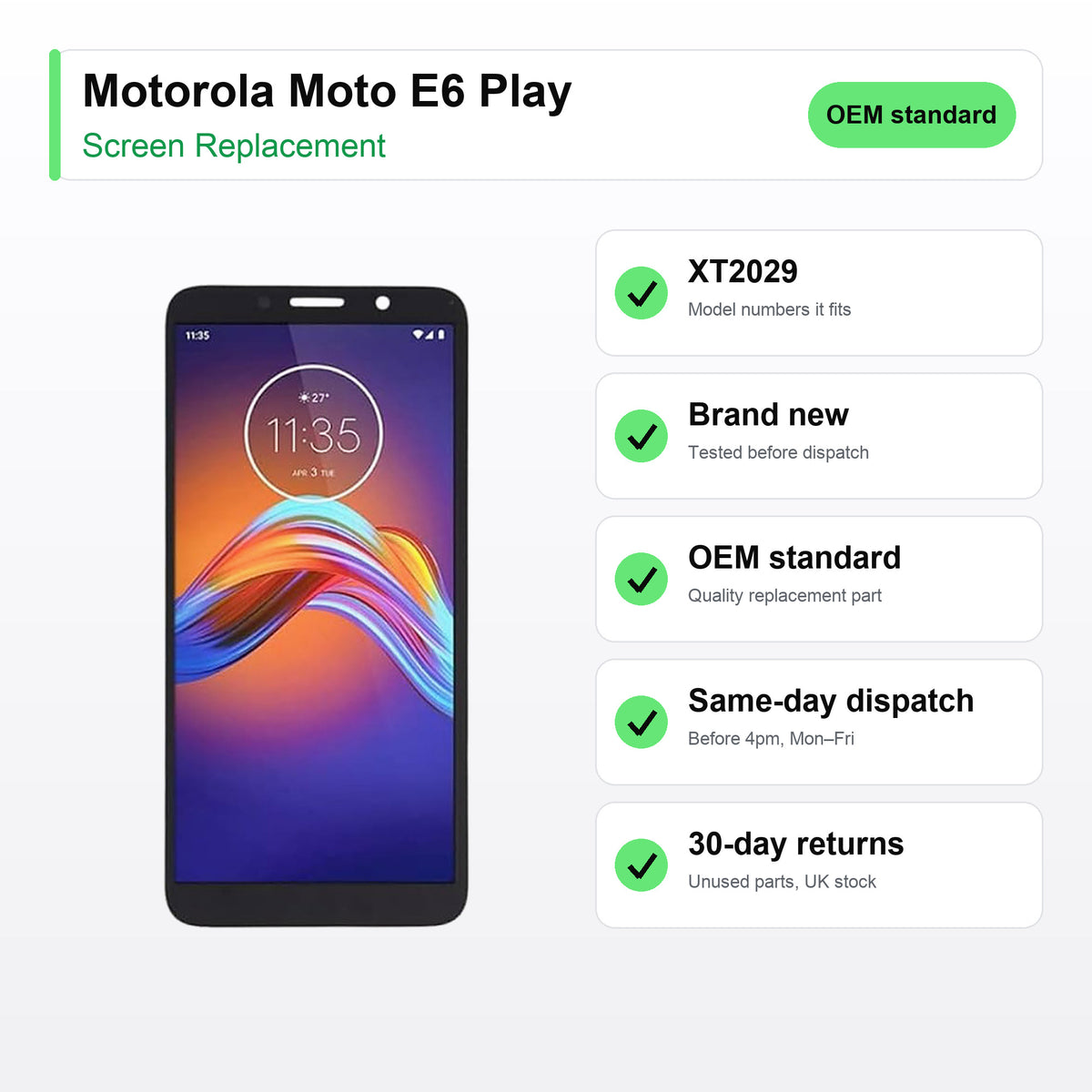 Motorola Moto E6 Play screen key facts: brand new, tested, same-day UK dispatch